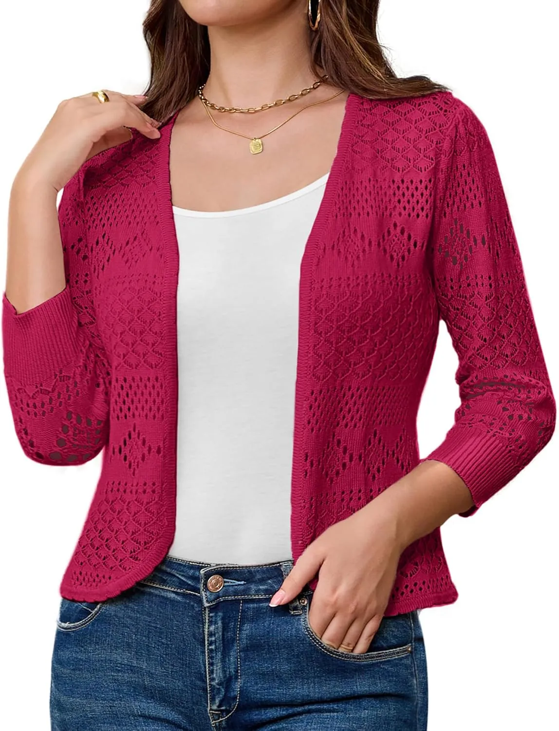 GRACE KARIN Women's 3/4 Sleeve Open Front Cropped Cardigan Summer Lightweight Hollow Out Knit Shrug