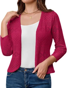 GRACE KARIN Women's 3/4 Sleeve Open Front Cropped Cardigan Summer Lightweight Hollow Out Knit Shrug