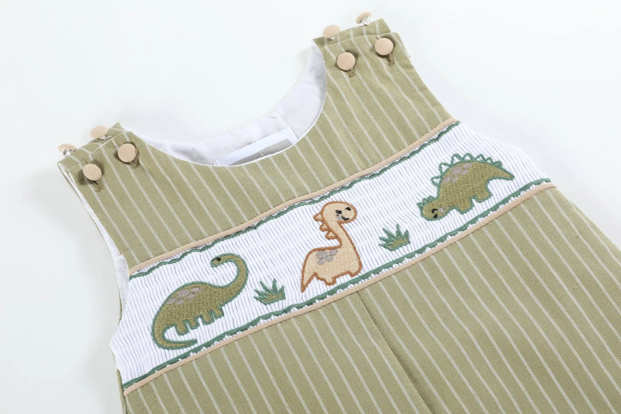 Green Dinosaur Smocked Overalls