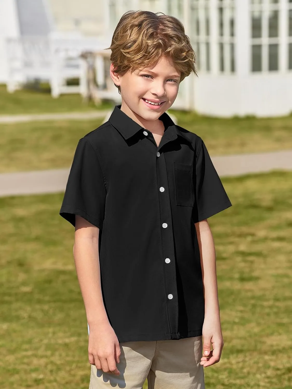 Haloumoning Boys Short Sleeve Button Down Shirt Kids Dress Shirts Formal Uniform Shirt with Pocket 5-14 Years