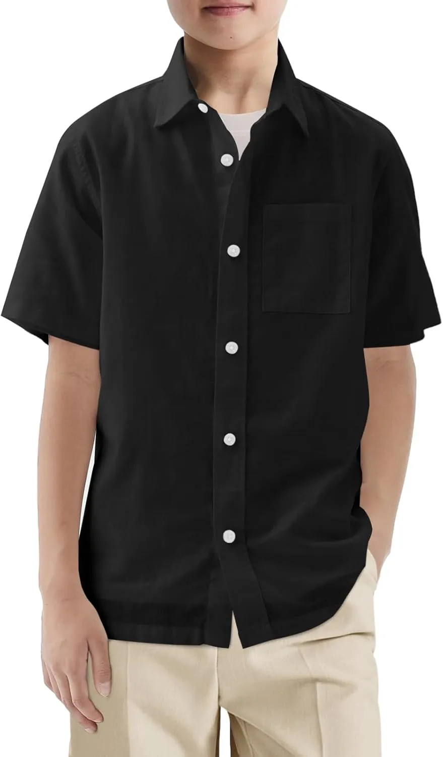 Haloumoning Boys Short Sleeve Button Down Shirt Kids Dress Shirts Formal Uniform Shirt with Pocket 5-14 Years