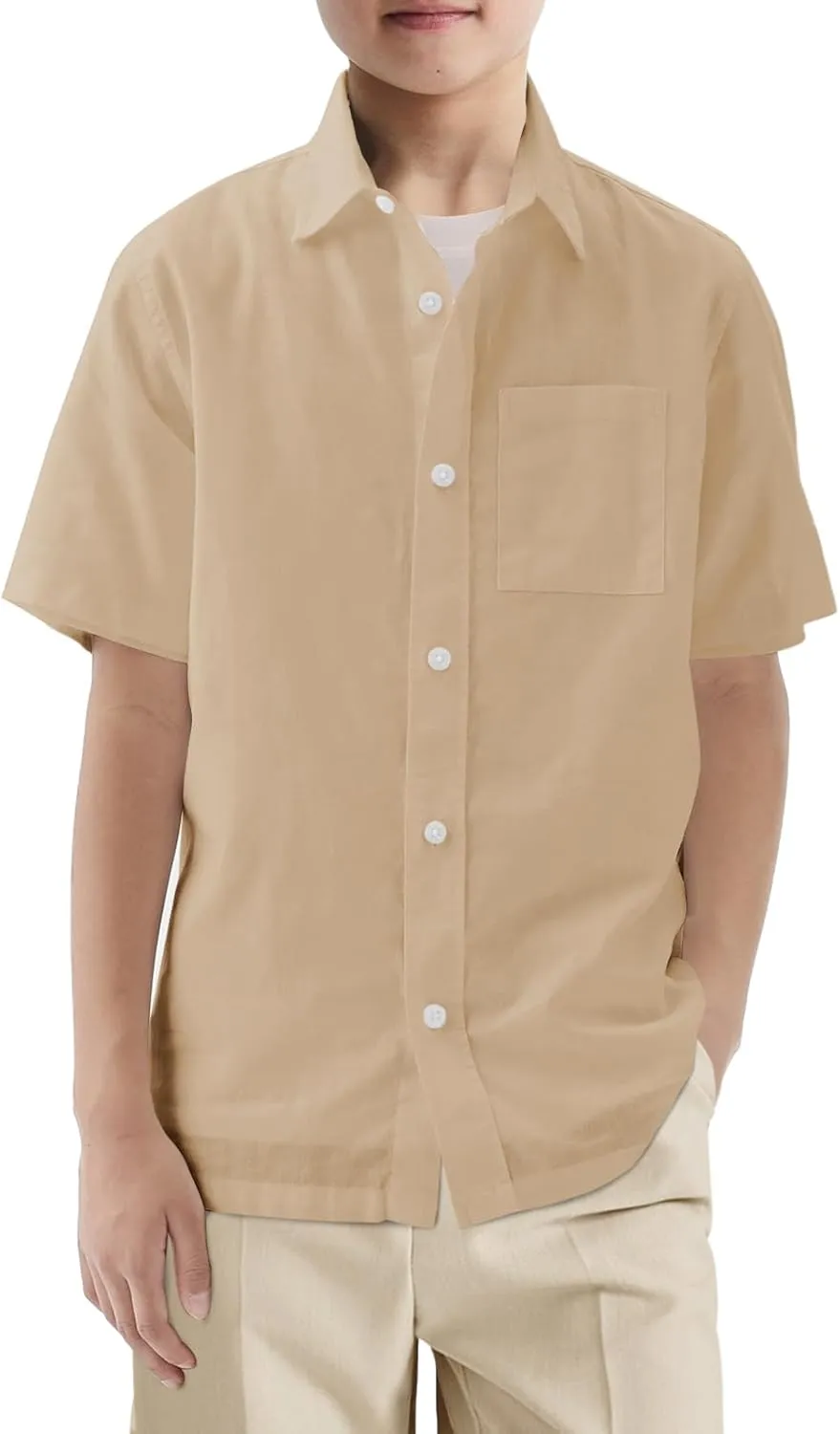 Haloumoning Boys Short Sleeve Button Down Shirt Kids Dress Shirts Formal Uniform Shirt with Pocket 5-14 Years