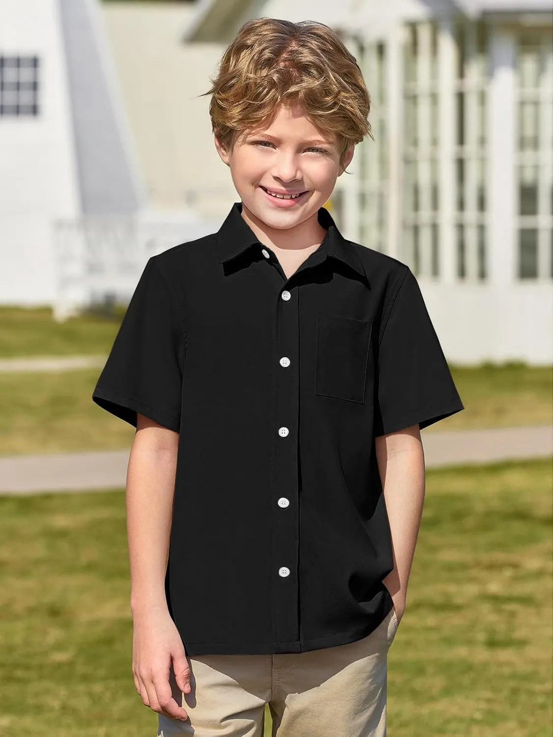 Haloumoning Boys Short Sleeve Button Down Shirt Kids Dress Shirts Formal Uniform Shirt with Pocket 5-14 Years