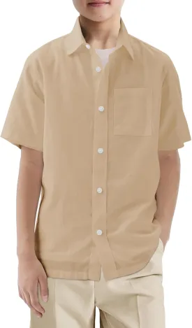 Haloumoning Boys Short Sleeve Button Down Shirt Kids Dress Shirts Formal Uniform Shirt with Pocket 5-14 Years
