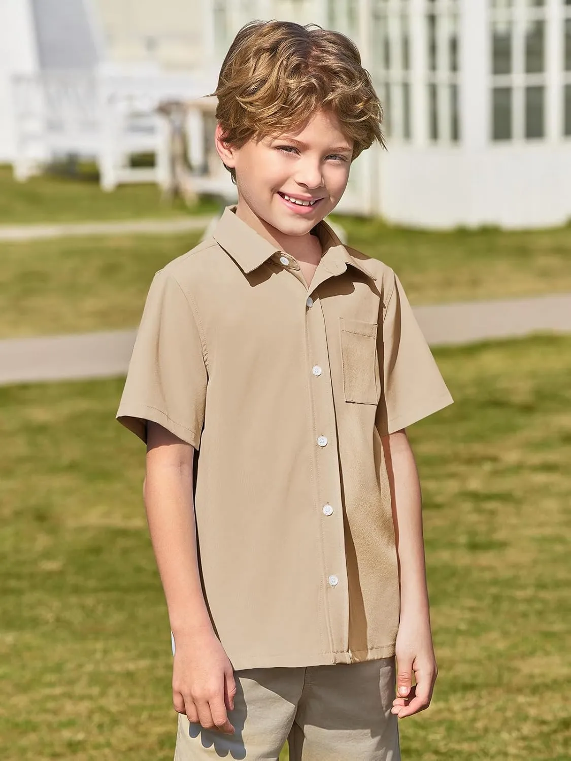Haloumoning Boys Short Sleeve Button Down Shirt Kids Dress Shirts Formal Uniform Shirt with Pocket 5-14 Years