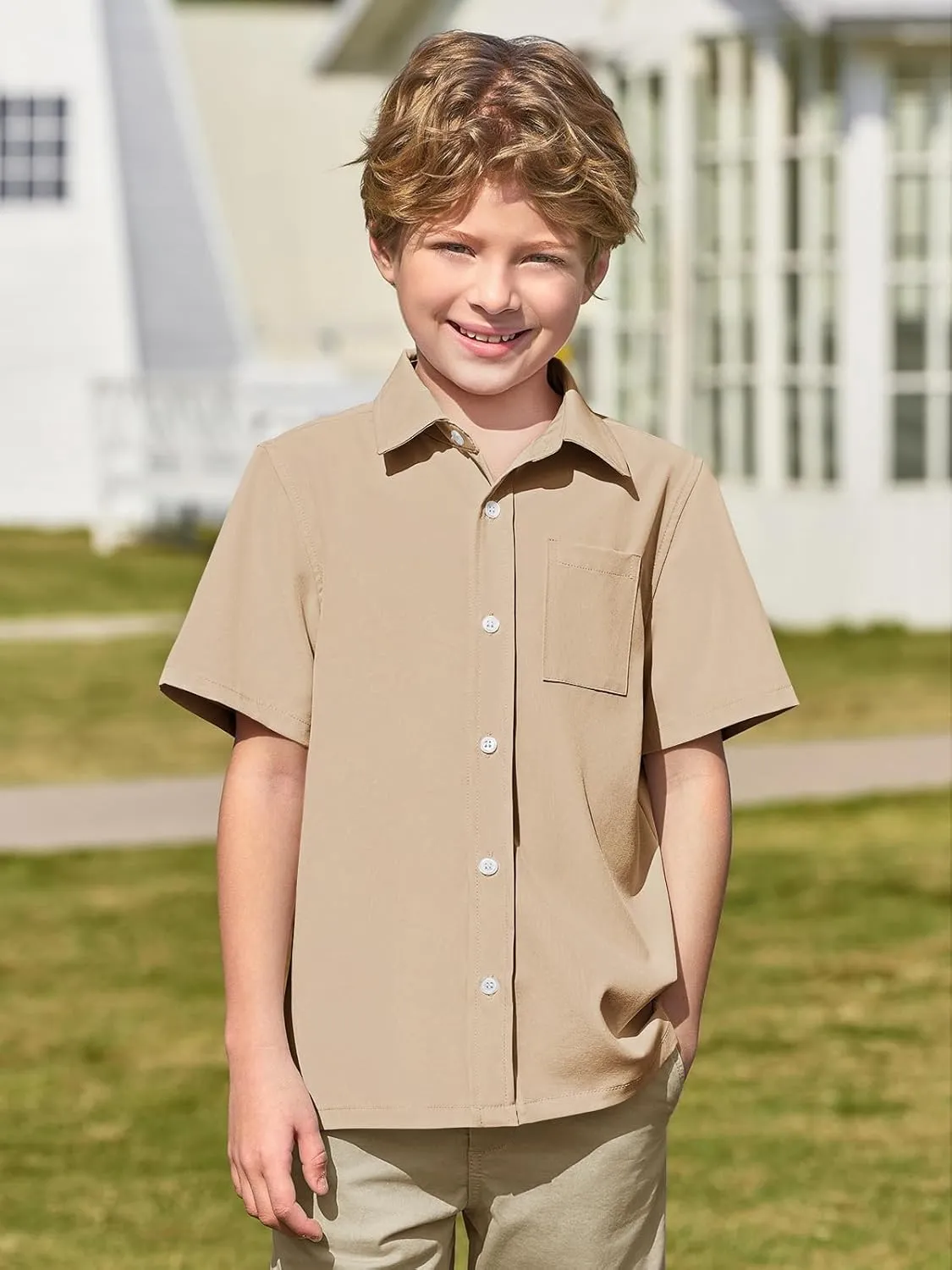 Haloumoning Boys Short Sleeve Button Down Shirt Kids Dress Shirts Formal Uniform Shirt with Pocket 5-14 Years