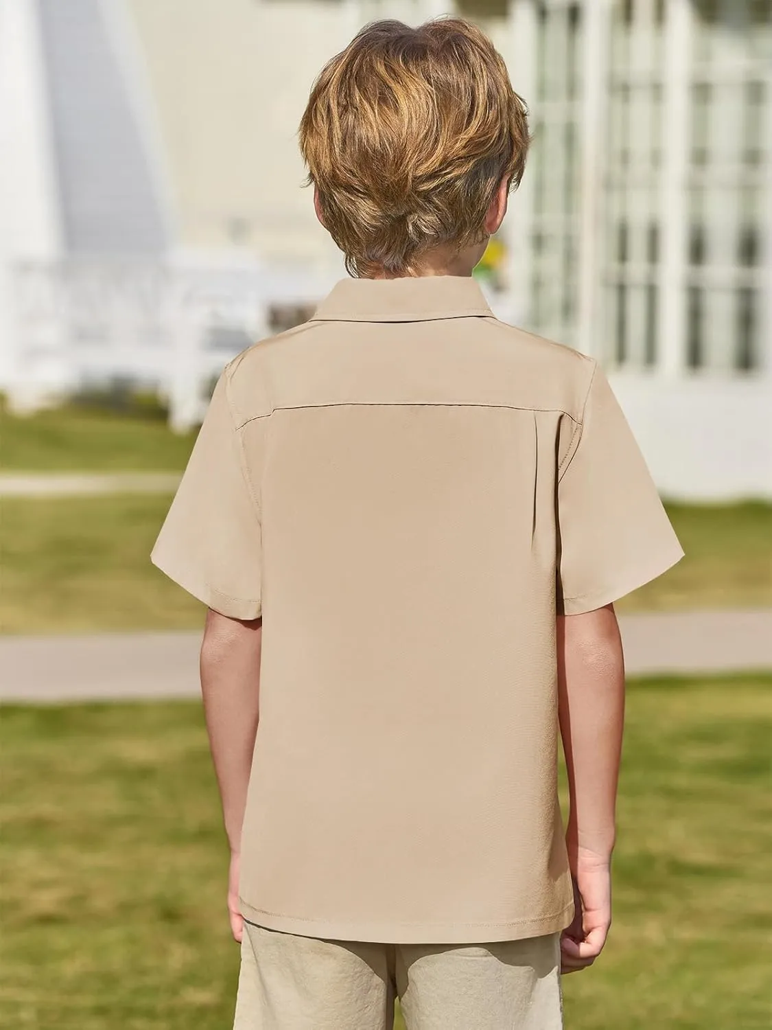 Haloumoning Boys Short Sleeve Button Down Shirt Kids Dress Shirts Formal Uniform Shirt with Pocket 5-14 Years