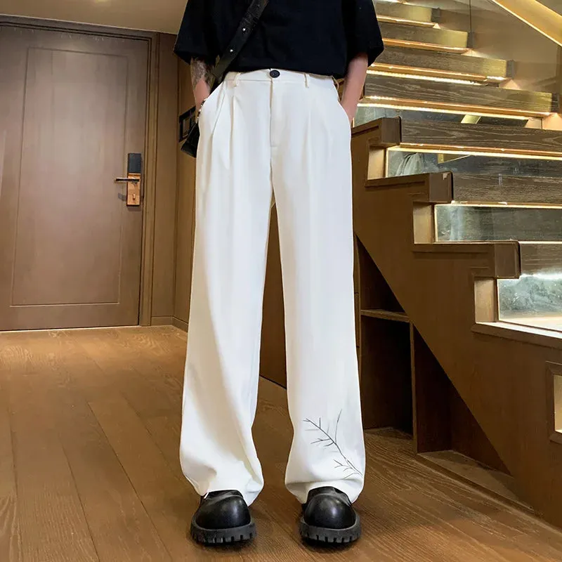 Hnzxzm 2024 Summer Men's Long Straight Trousers Wide Leg Embroidery Drape Casual Suit Pant Fashion Oversize Pants for Man Black White