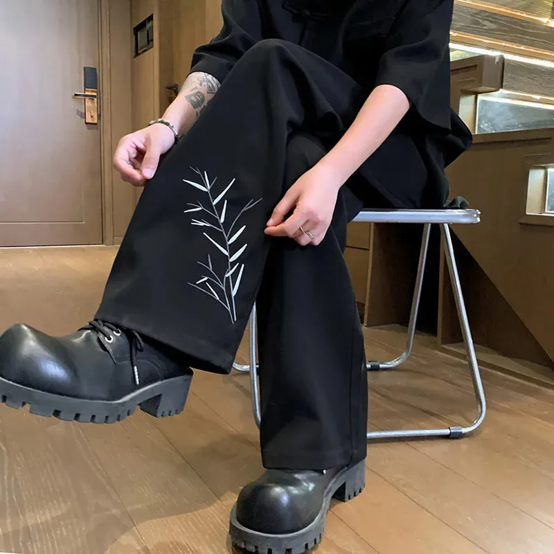 Hnzxzm 2024 Summer Men's Long Straight Trousers Wide Leg Embroidery Drape Casual Suit Pant Fashion Oversize Pants for Man Black White