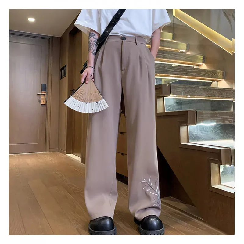 Hnzxzm 2024 Summer Men's Long Straight Trousers Wide Leg Embroidery Drape Casual Suit Pant Fashion Oversize Pants for Man Black White