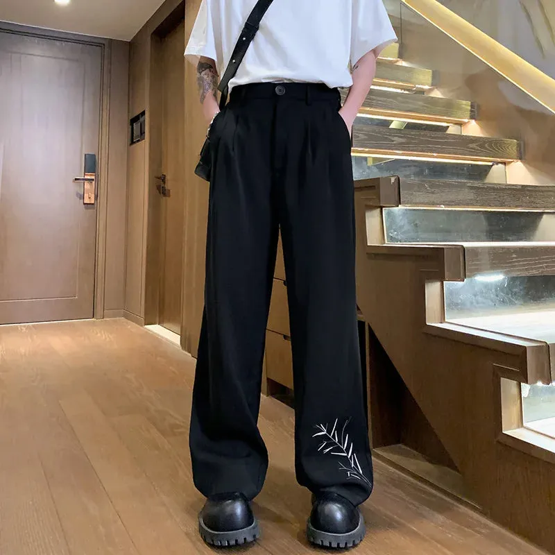 Hnzxzm 2024 Summer Men's Long Straight Trousers Wide Leg Embroidery Drape Casual Suit Pant Fashion Oversize Pants for Man Black White