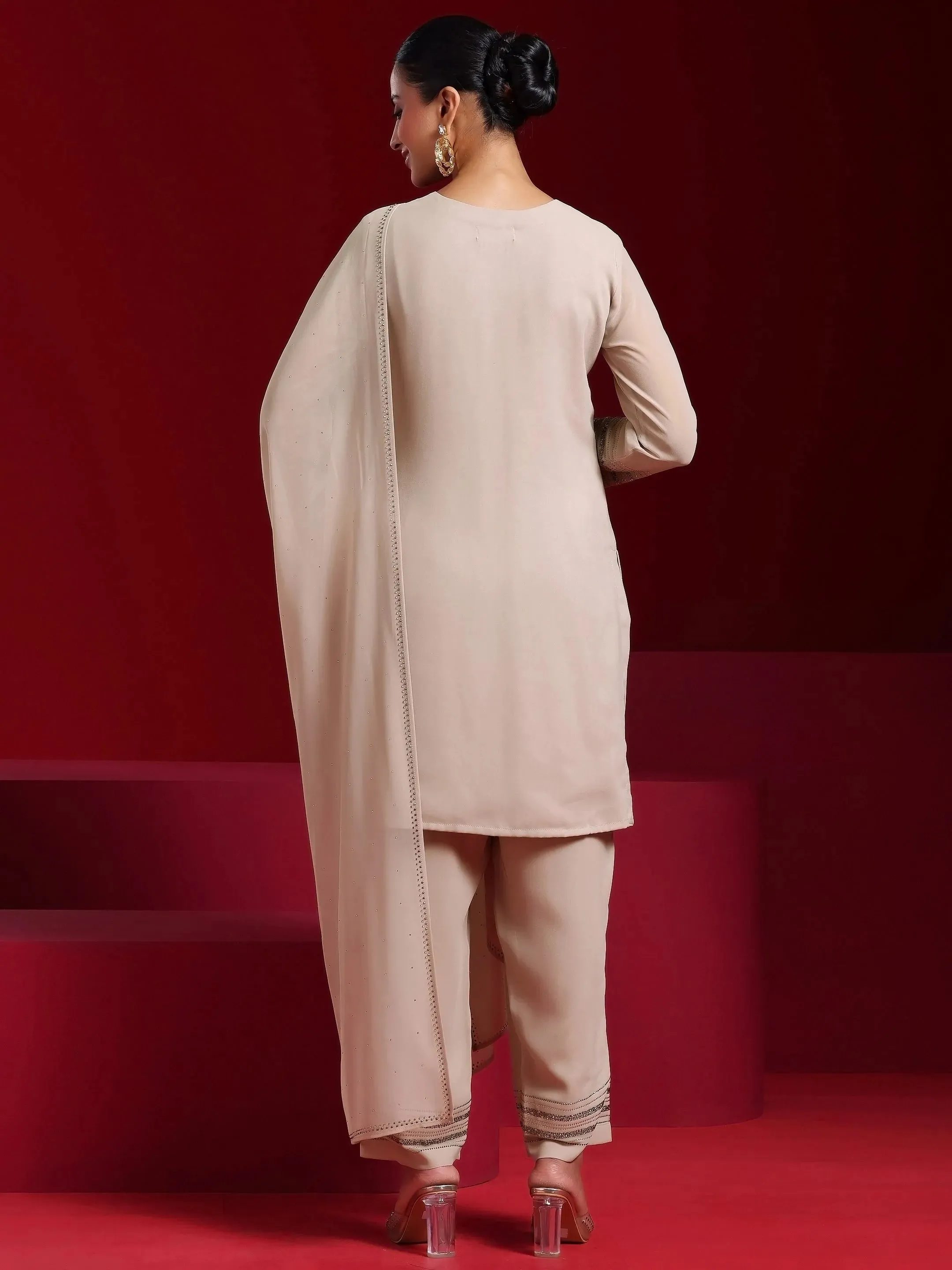 Jashvi Art Taupe Striped Georgette Straight Suit With Dupatta