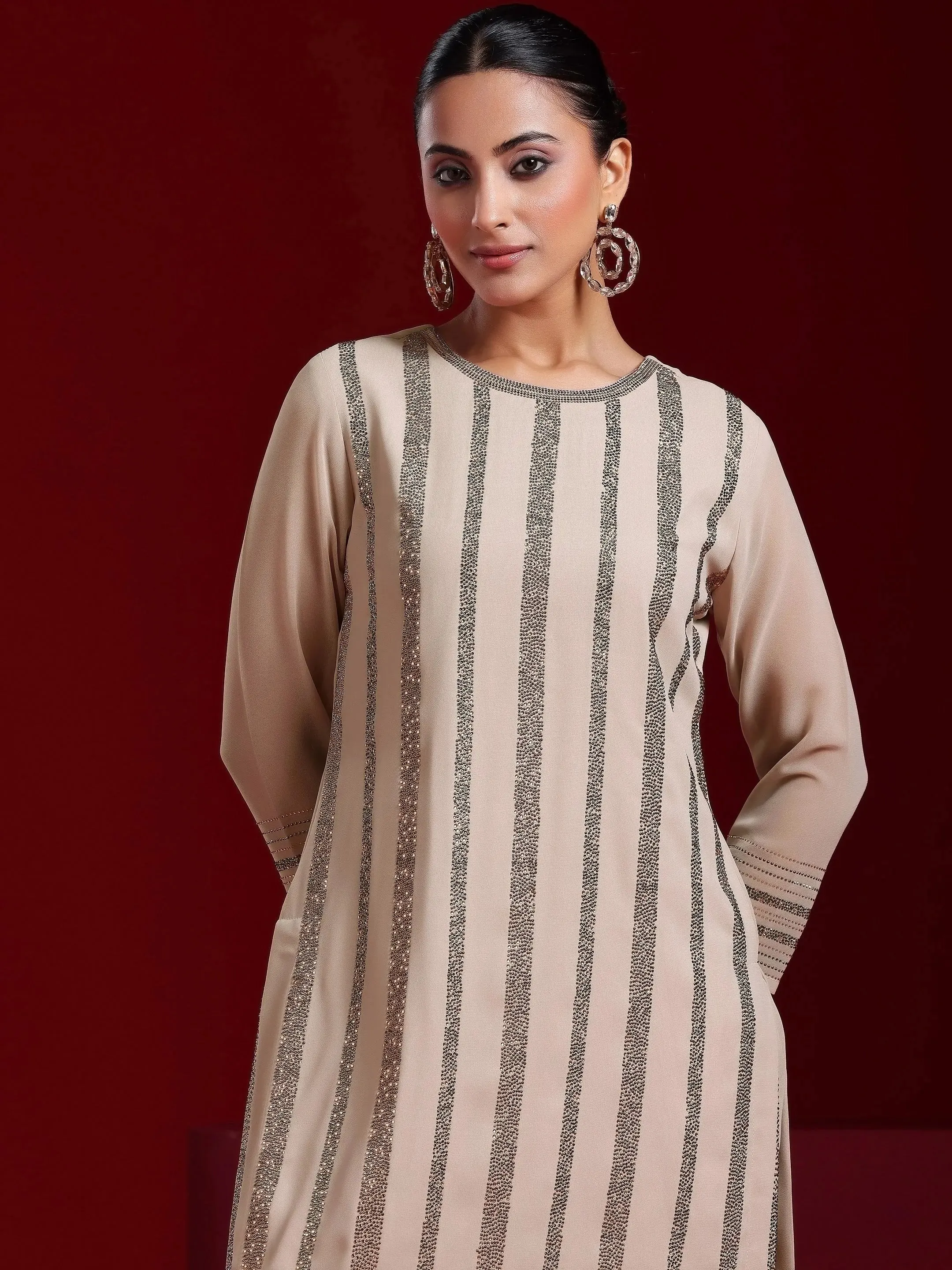 Jashvi Art Taupe Striped Georgette Straight Suit With Dupatta