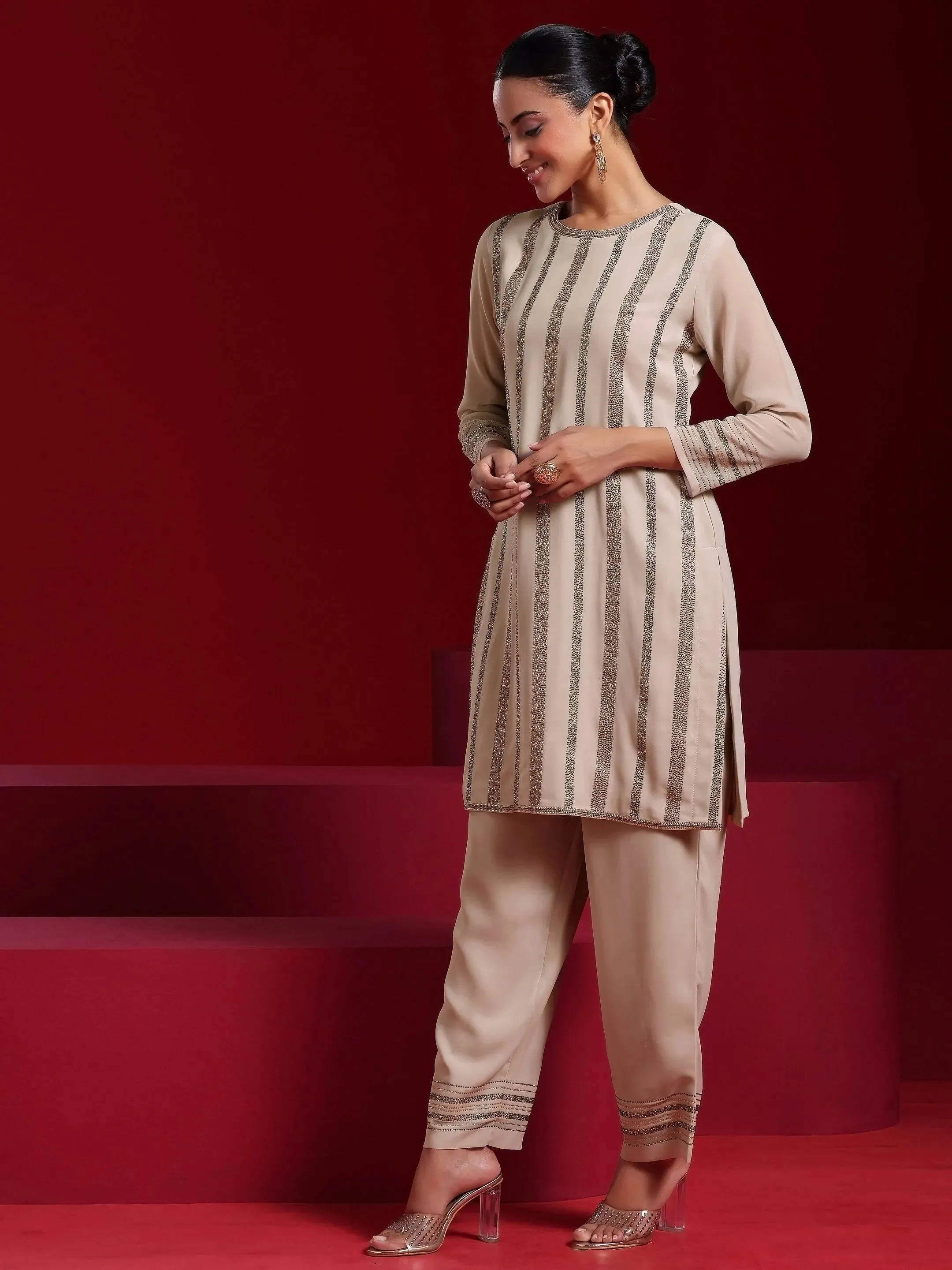 Jashvi Art Taupe Striped Georgette Straight Suit With Dupatta