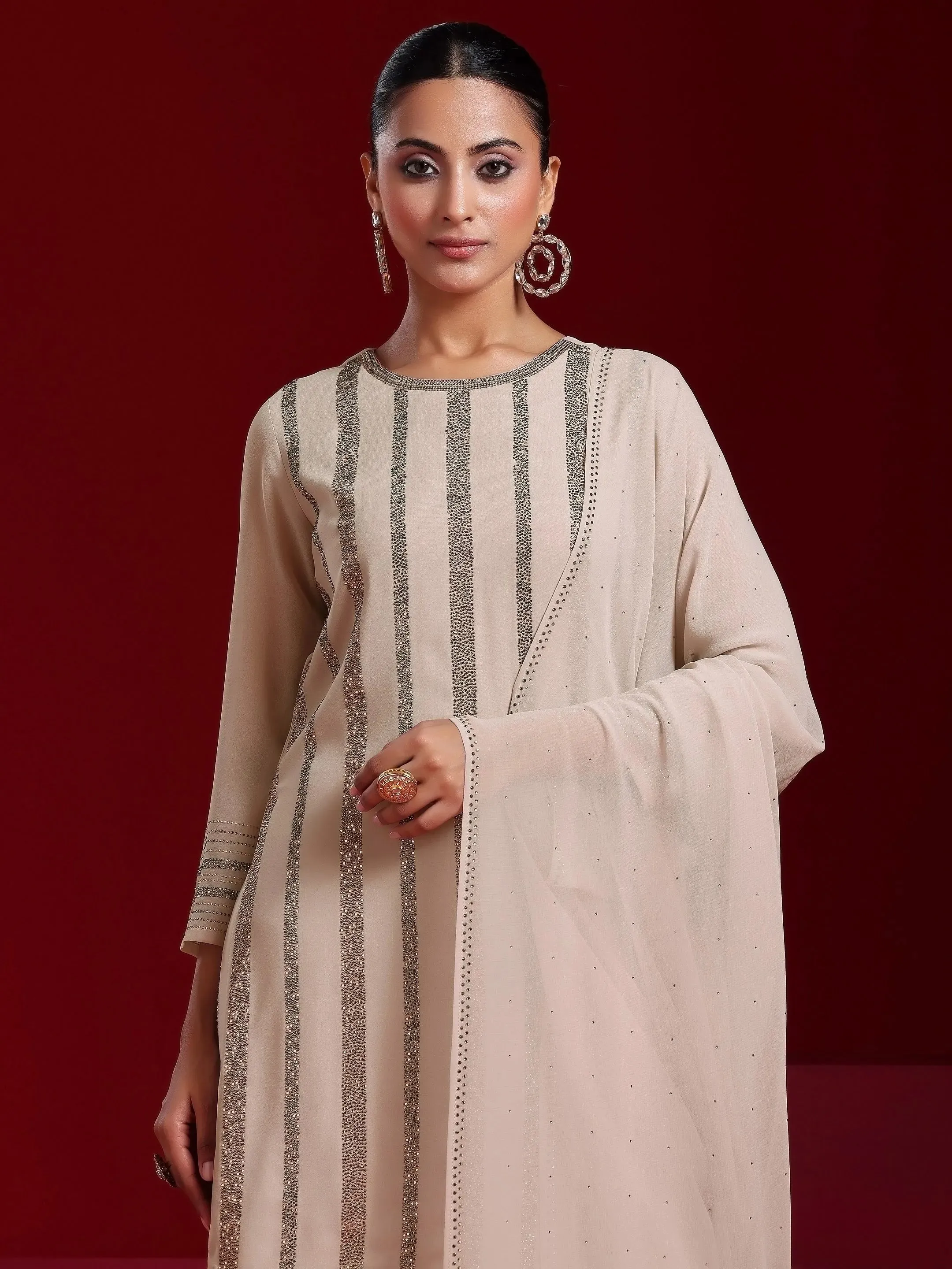 Jashvi Art Taupe Striped Georgette Straight Suit With Dupatta