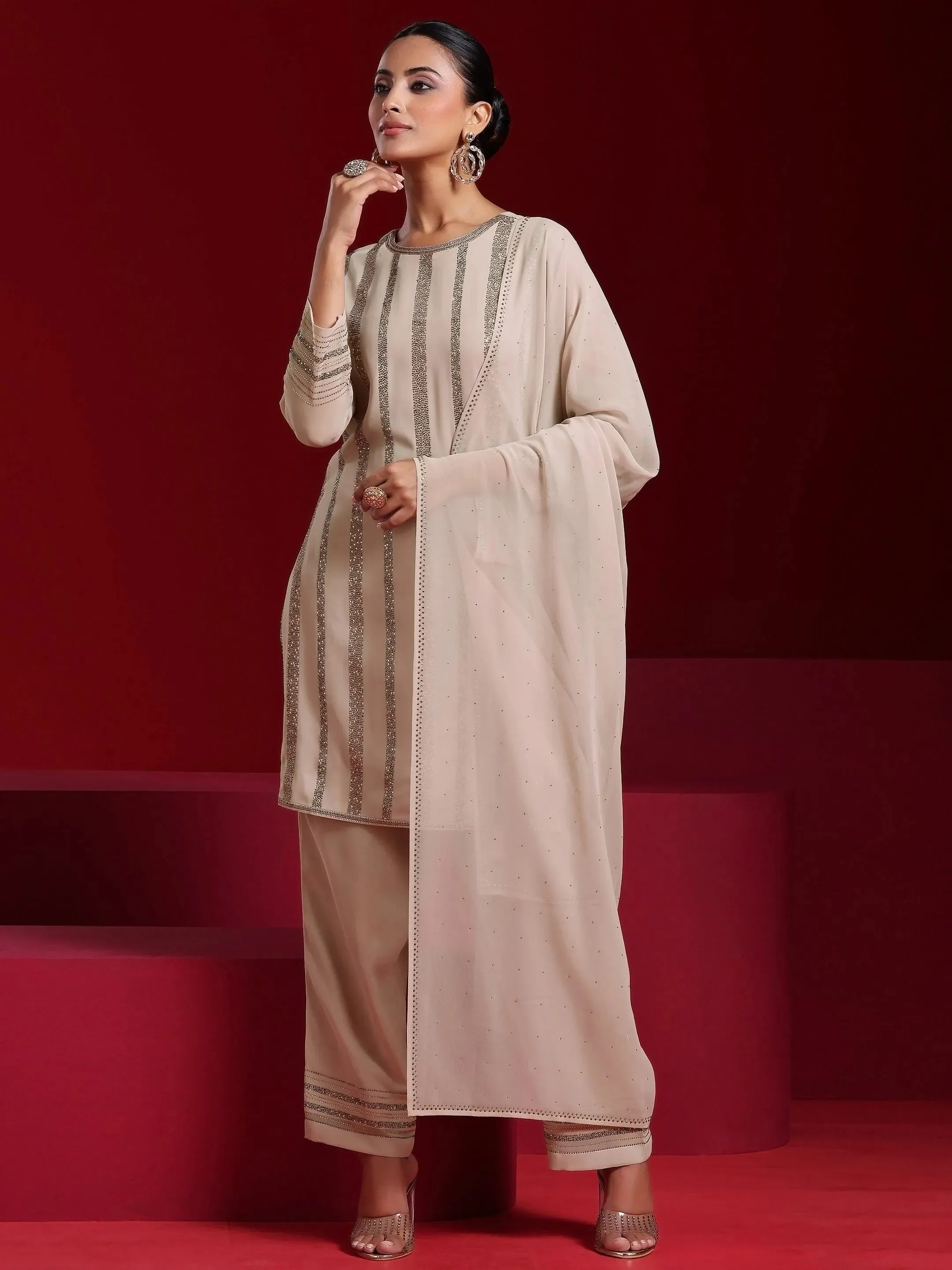 Jashvi Art Taupe Striped Georgette Straight Suit With Dupatta