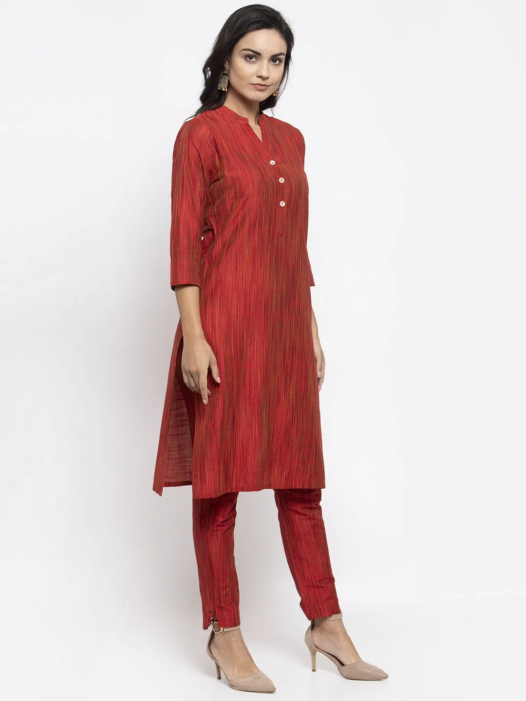 Jashvi Women Red Self-Striped Kurta with Trousers