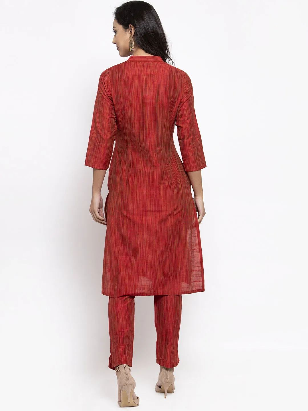 Jashvi Women Red Self-Striped Kurta with Trousers