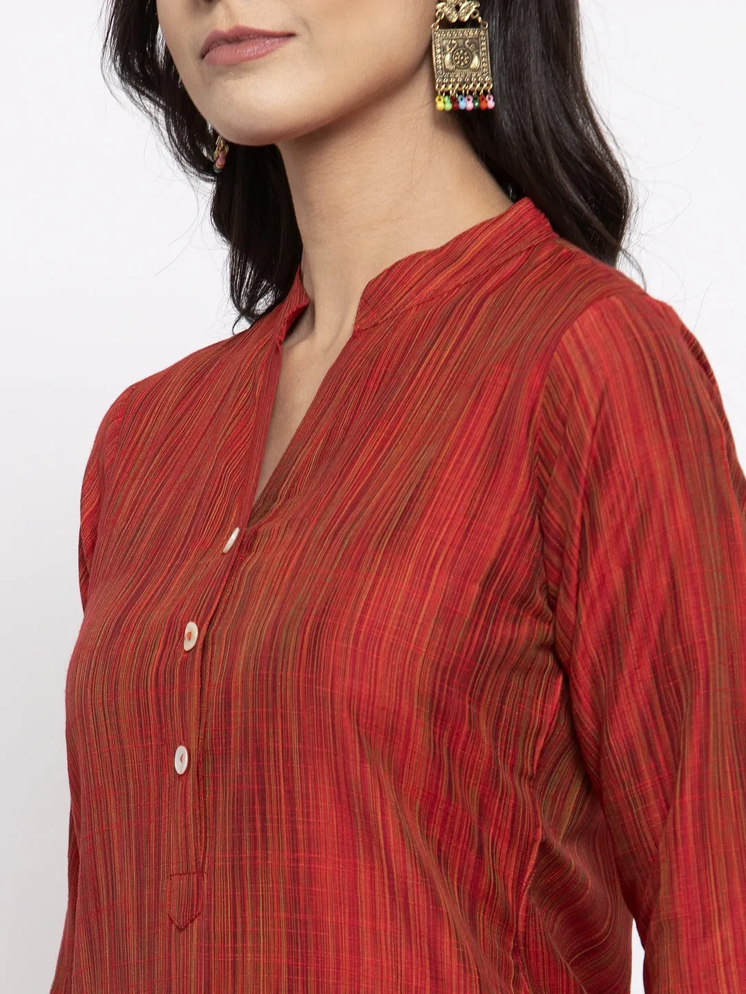 Jashvi Women Red Self-Striped Kurta with Trousers