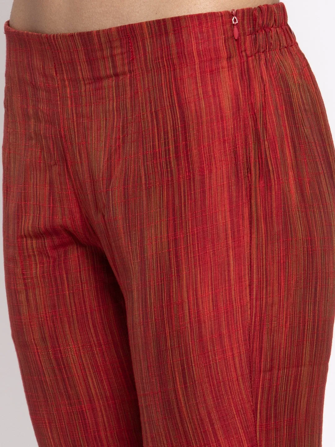 Jashvi Women Red Self-Striped Kurta with Trousers