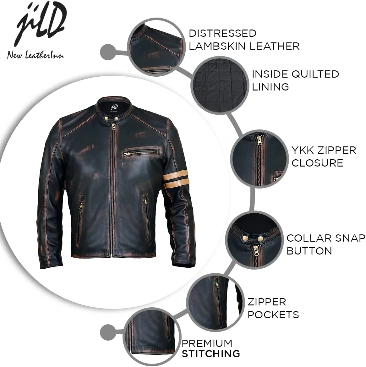 Jild Distressed Caf Racer Black Leather Jacket Men - Genuine Lambskin Leather Biker Style Mens Vintage Motorcycle Jacket