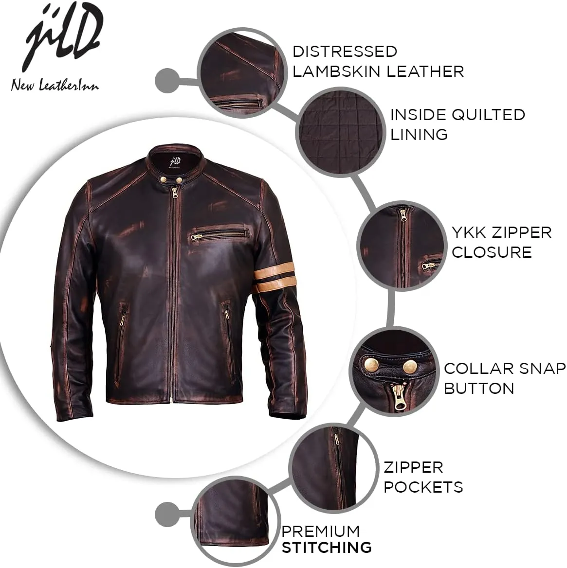 Jild Distressed Caf Racer Black Leather Jacket Men - Genuine Lambskin Leather Biker Style Mens Vintage Motorcycle Jacket