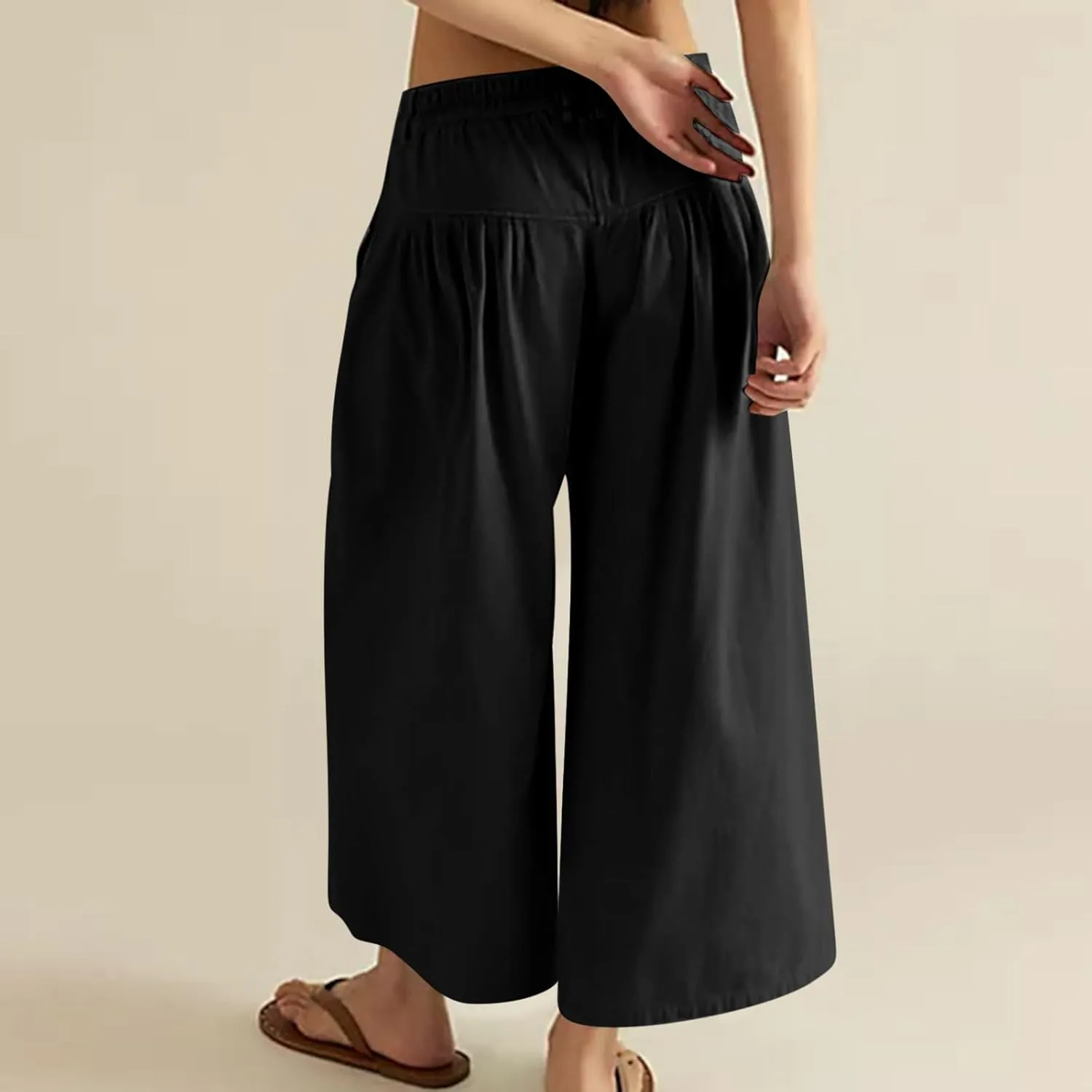 JOAU Women's Summer Loose Wide Leg Palazzo Pants Casual Trendy Pleated Button High Waisted Baggy Beach Trousers with Pockets