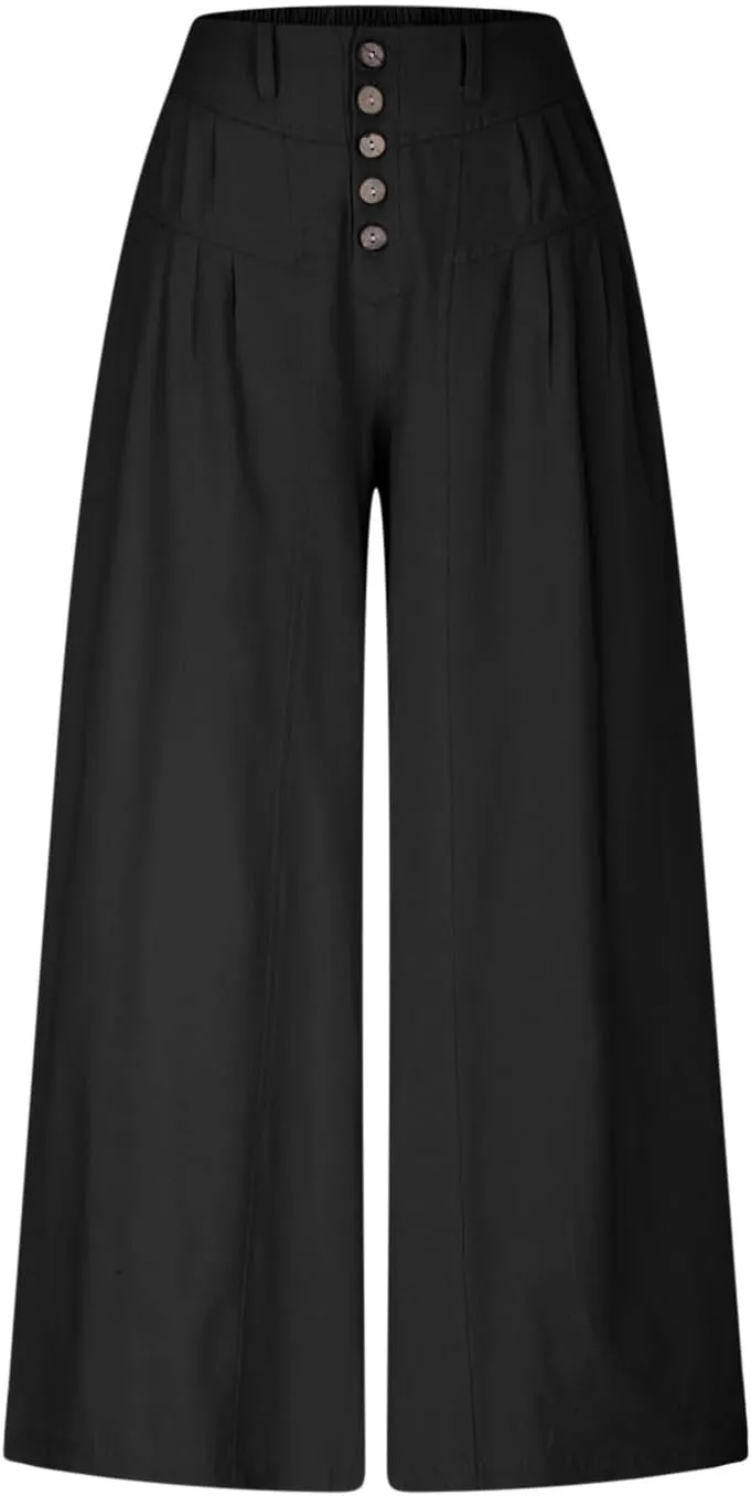 JOAU Women's Summer Loose Wide Leg Palazzo Pants Casual Trendy Pleated Button High Waisted Baggy Beach Trousers with Pockets