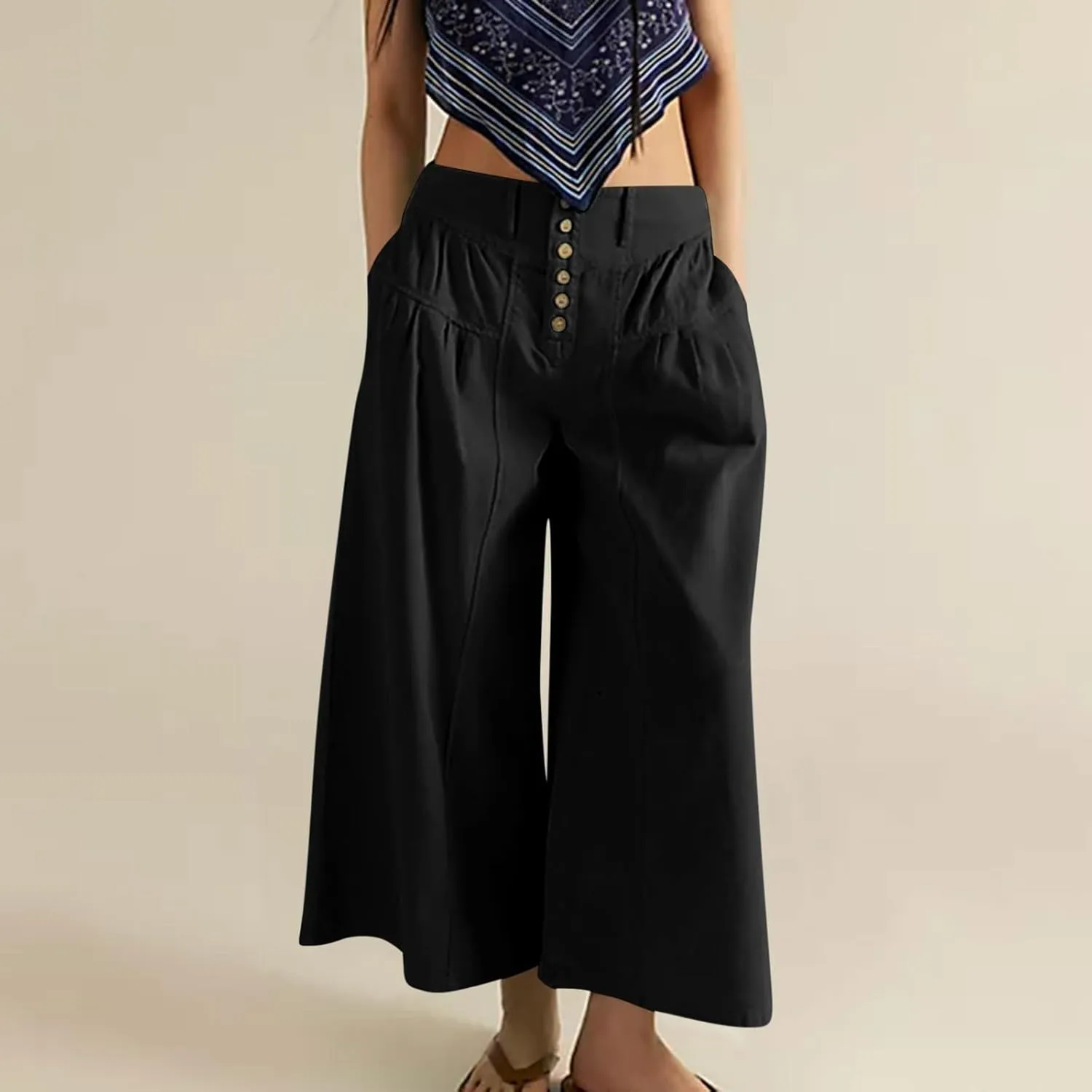 JOAU Women's Summer Loose Wide Leg Palazzo Pants Casual Trendy Pleated Button High Waisted Baggy Beach Trousers with Pockets