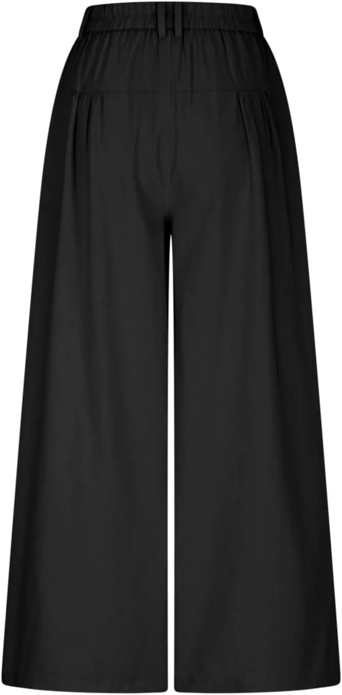 JOAU Women's Summer Loose Wide Leg Palazzo Pants Casual Trendy Pleated Button High Waisted Baggy Beach Trousers with Pockets