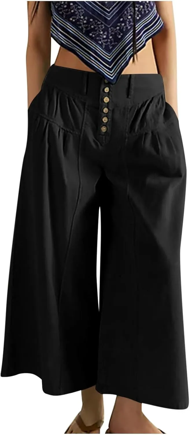 JOAU Women's Summer Loose Wide Leg Palazzo Pants Casual Trendy Pleated Button High Waisted Baggy Beach Trousers with Pockets
