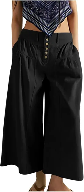 JOAU Women's Summer Loose Wide Leg Palazzo Pants Casual Trendy Pleated Button High Waisted Baggy Beach Trousers with Pockets