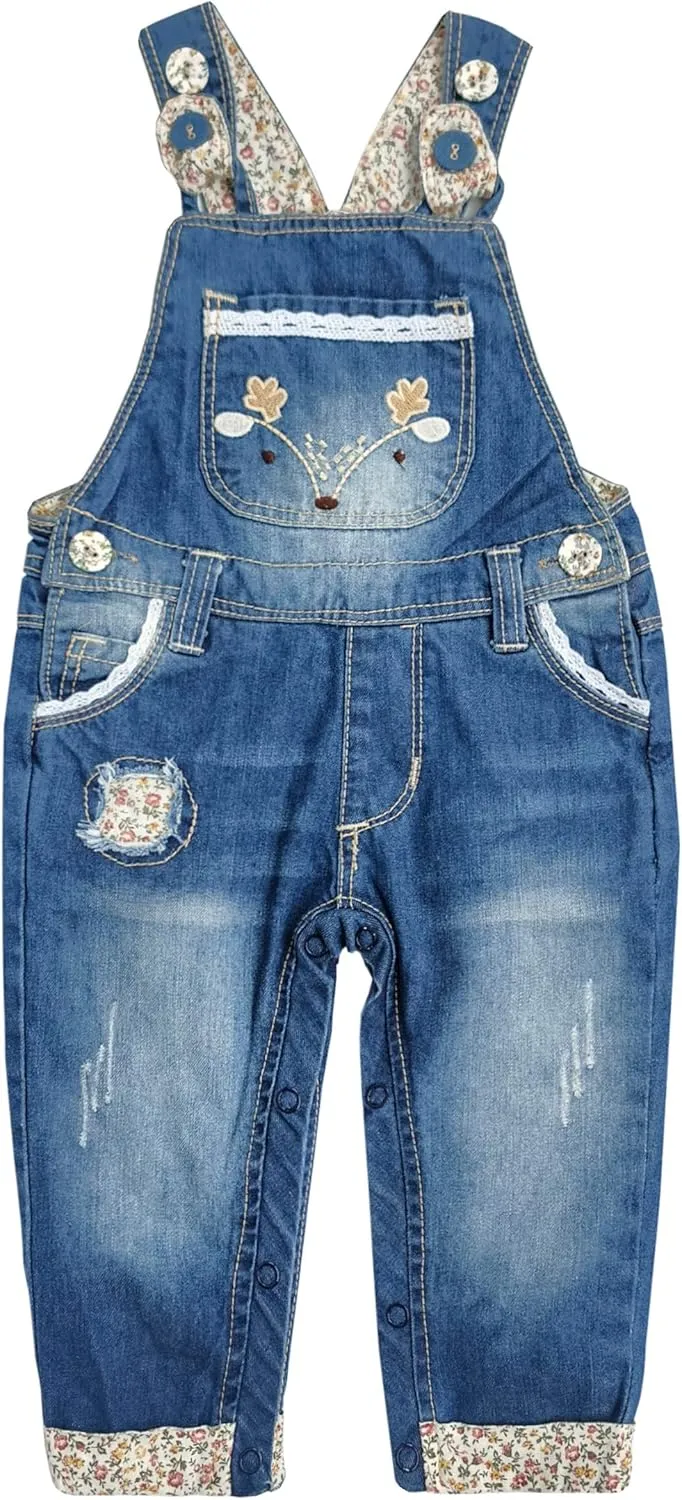 KIDSCOOL SPACE Baby Little Kids Cute Denim Embroidered Fashion Jean Overalls