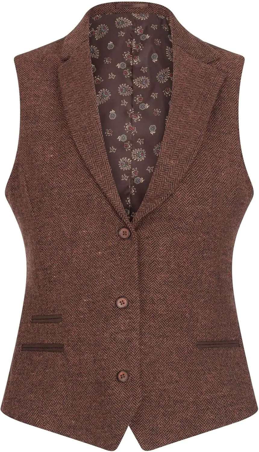 Ladies Tweed Suit Blazer Trousers Waistcoat Herringbone Wool Vintage Rust Brown