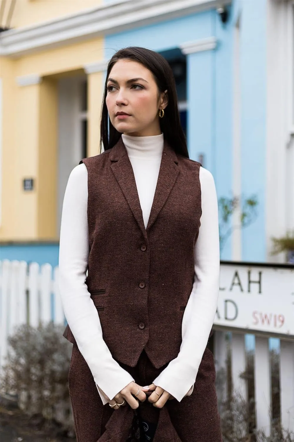 Ladies Tweed Suit Blazer Trousers Waistcoat Herringbone Wool Vintage Rust Brown