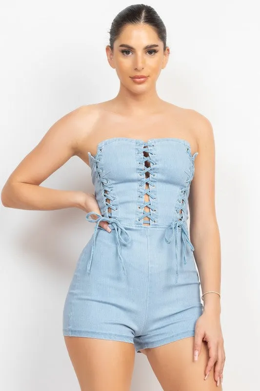Light Denim Lace-up Detailed Tube Top Romper