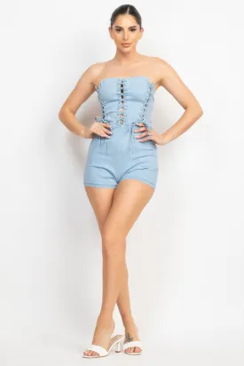 Light Denim Lace-up Detailed Tube Top Romper