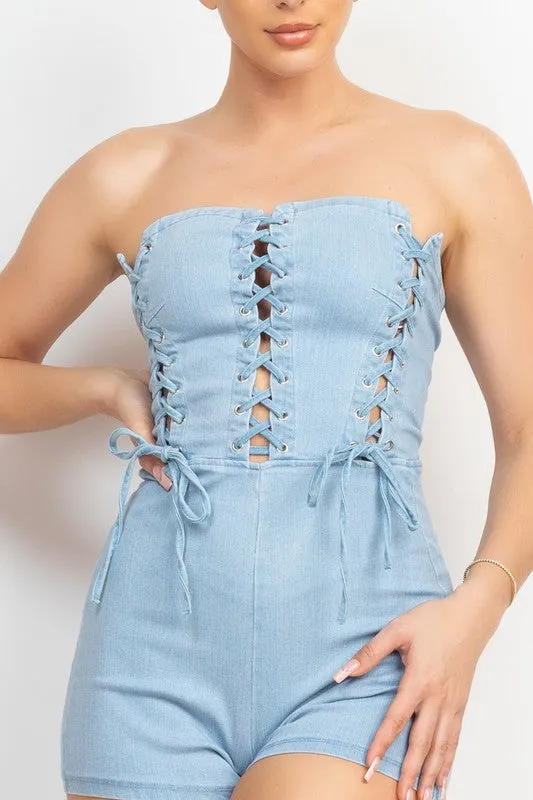 Light Denim Lace-up Detailed Tube Top Romper