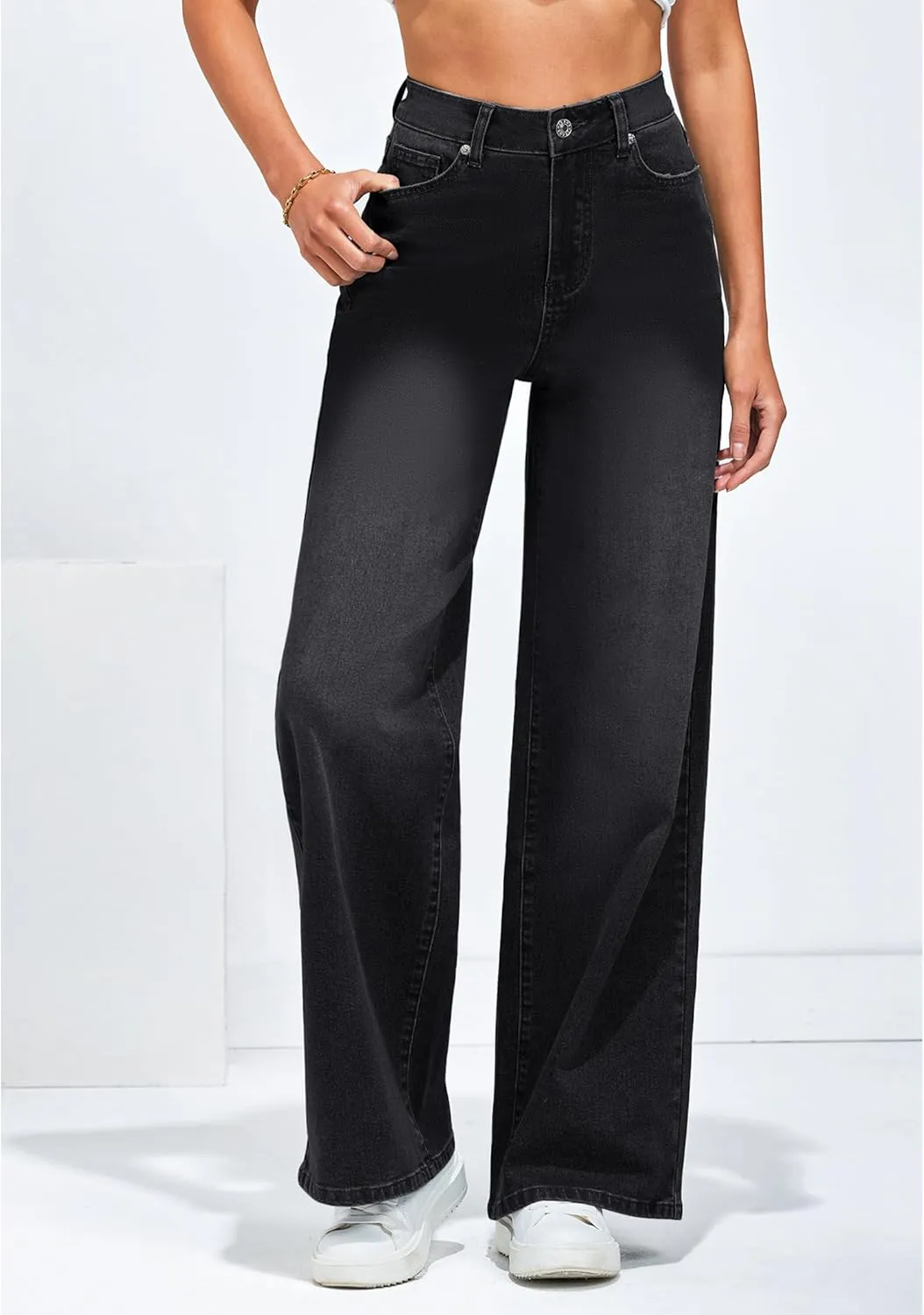 LookbookStore Wide Leg Jeans for Women High Waisted Stretchy Denim Jeans Fashion Baggy Trouser Jean Pants with Pockets