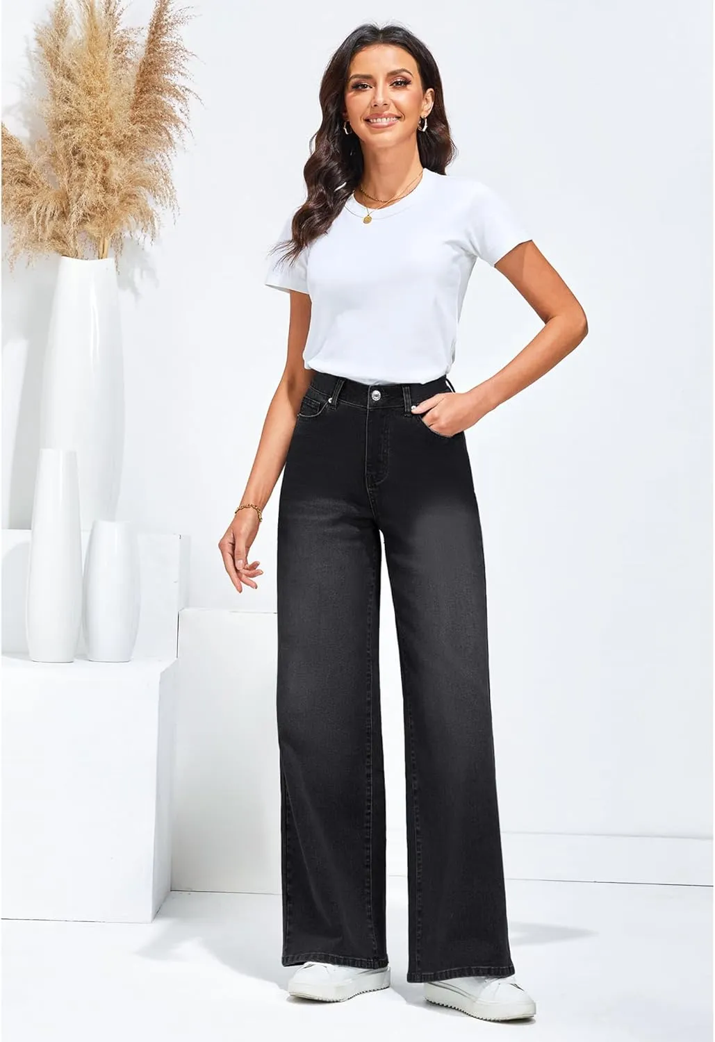 LookbookStore Wide Leg Jeans for Women High Waisted Stretchy Denim Jeans Fashion Baggy Trouser Jean Pants with Pockets