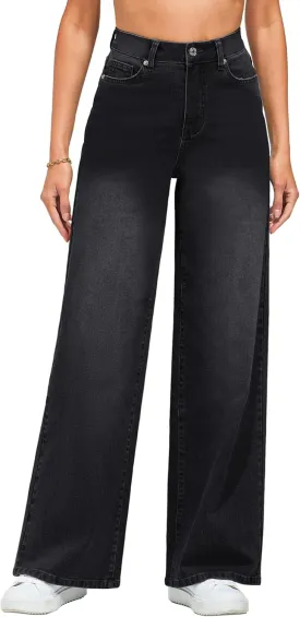 LookbookStore Wide Leg Jeans for Women High Waisted Stretchy Denim Jeans Fashion Baggy Trouser Jean Pants with Pockets