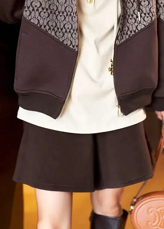 Loose Coffee Pockets High Waist Patchwork Cotton Shorts Fall LY8590