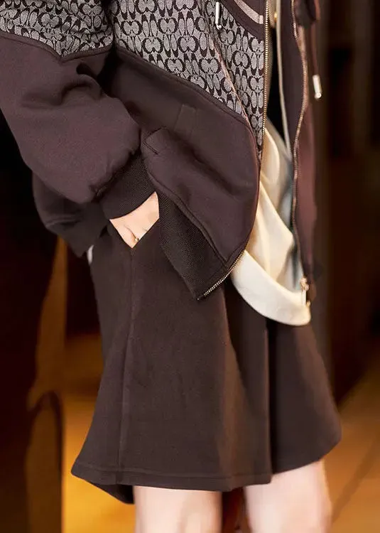 Loose Coffee Pockets High Waist Patchwork Cotton Shorts Fall LY8590