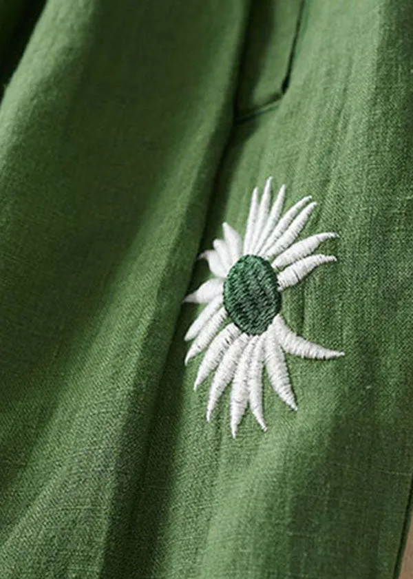 Loose Green Embroideried Pockets Patchwork Linen Shorts Summer LY7146