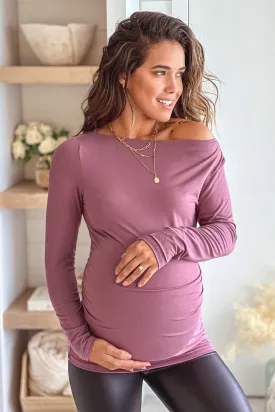 Mauve Off Shoulder Maternity Top With Ruched Side