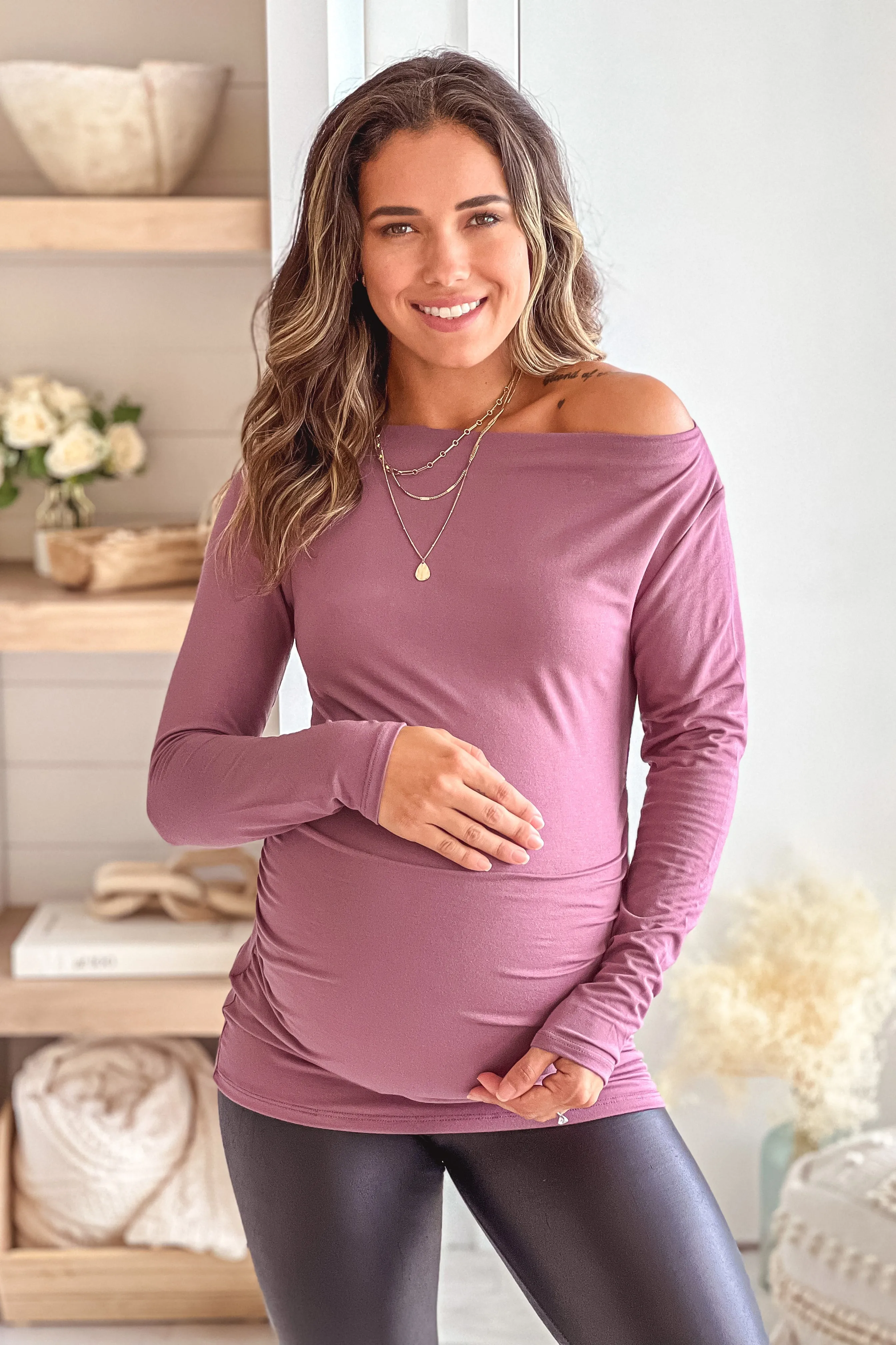 Mauve Off Shoulder Maternity Top With Ruched Side