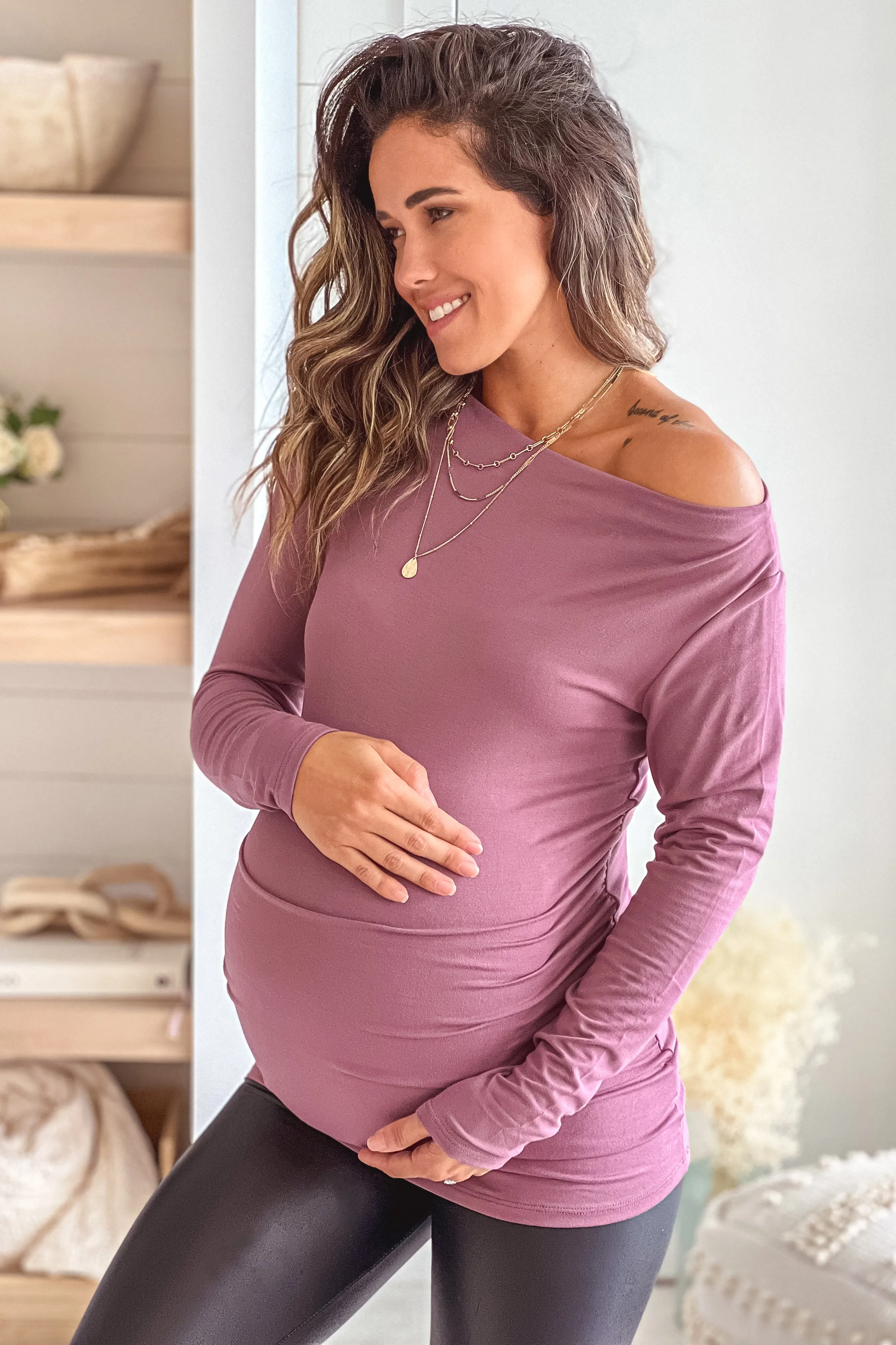 Mauve Off Shoulder Maternity Top With Ruched Side