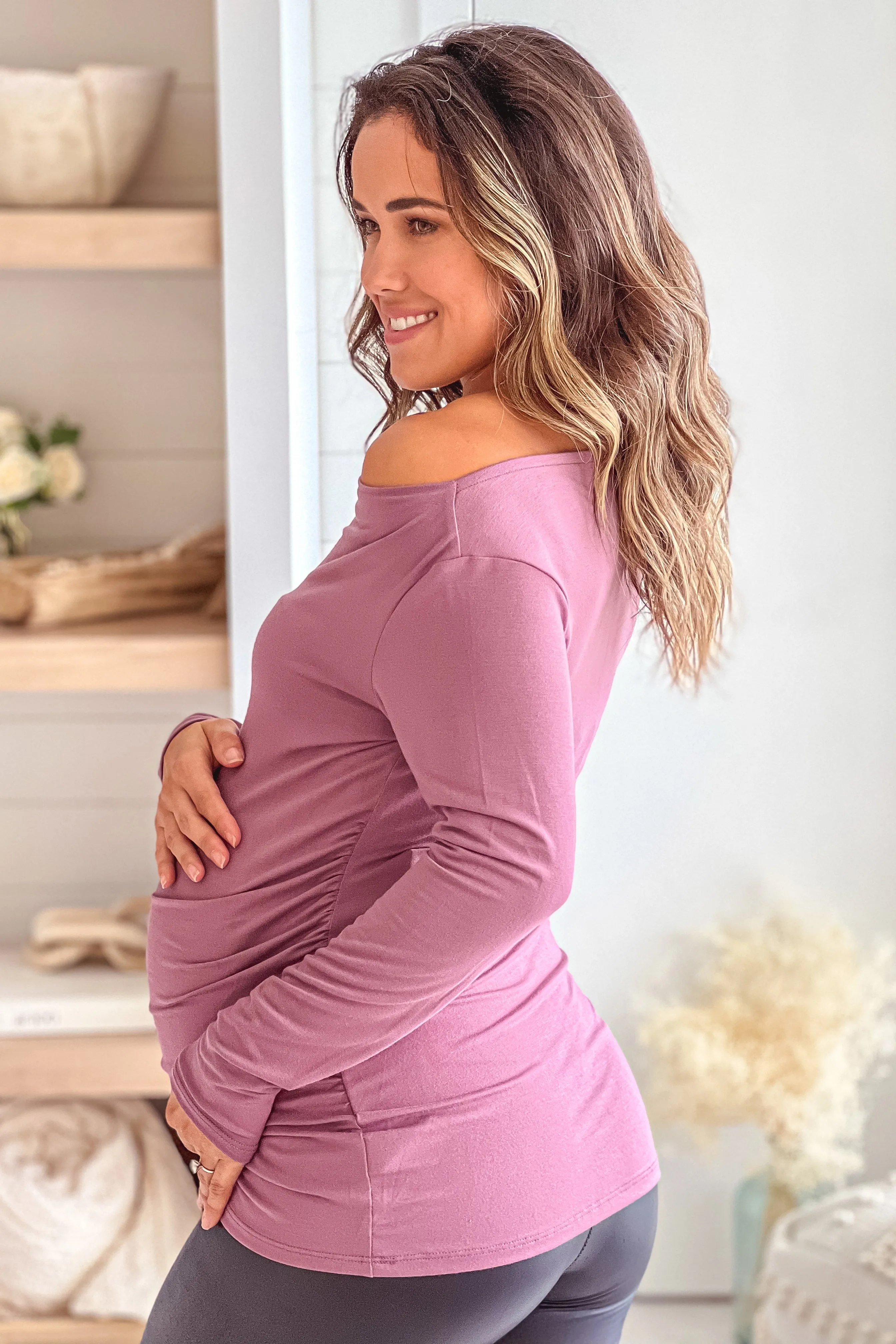 Mauve Off Shoulder Maternity Top With Ruched Side