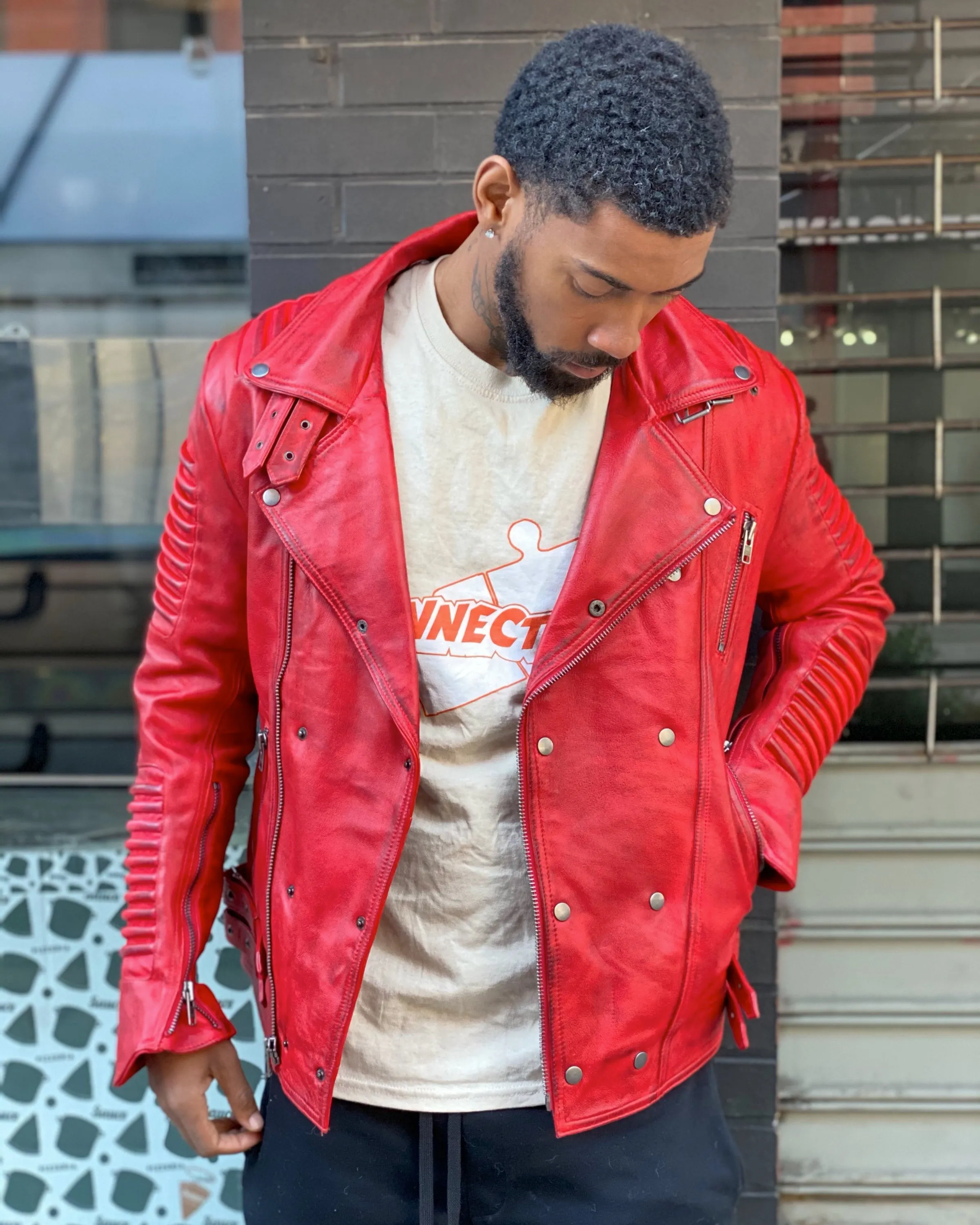 MEN BIKER RIBBLES - DISTRESSED RED