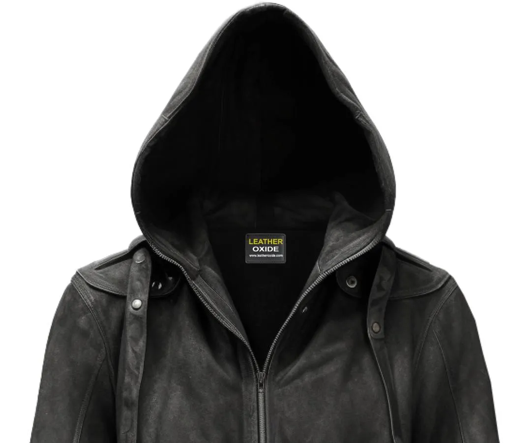 Men Black Hooded Suede Leather Jacket